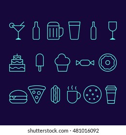 Food and drink outline icon set: cocktail, bottle beer, cup beer, wine, cake, pie, ice cream, donut, burger, pizza, hot dog, coffee cup, cookie. Vector flat icon on dark background. Element for logo.