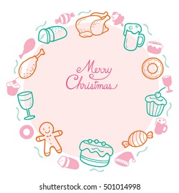 Food And Drink Outline Icons Set On Circle Frame For Christmas Day.
