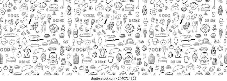 Food and drink outline seamless pattern. Hand drawn doodle kitchen background in black and white colors. Vector illustration