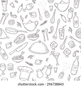 Food And Drink Outline Seamless Pattern. Hand Drawn Kitchen Background In Black And White. Vector Illustration