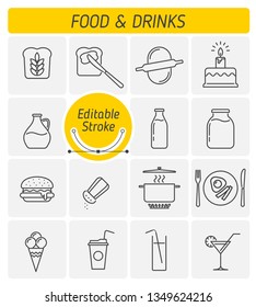 The food and drink outline vector icon set. The meal, nutrition, eating and ingestion. The cooking food, ingredients and fresh beverage symbols. Thin linear vector icons with editable strokes width.