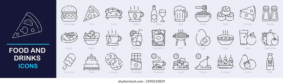 Food and Drink Outline Vector Icon Collection. A set of outline icons related to Restaurant, Menu, Fast Food, Pizza, Breakfast, Fruits, Burger, Coffee and more. Editable stroke. Vector illustration
