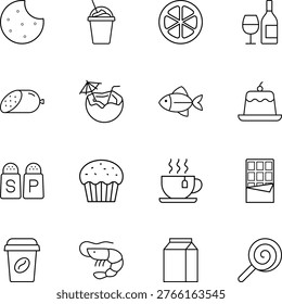 Food and drink outline vector icon set, coffee, cookie, wine, chocolate, fish, cupcake, tea