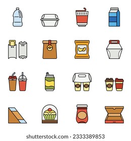 Food and drink packaging colored outline icons set.