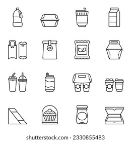 Food and drink packaging icons set. Thin line style stroke vector.