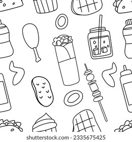Essen und Trinken Muster nahtloser Hintergrund im Konturstil.