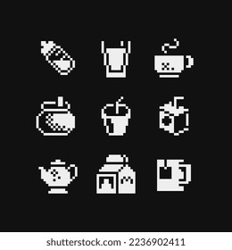 Food and drink pixel art 1-bit icons set, black and white emoji, glass of milk, paper bag, juice, kettle, tea and coffee. Design for logo, sticker and mobile app. Isolated vector illustration. svg