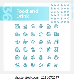Food and drink pixel perfect blue RGB color icons set. Grocery store. Supermarket product categories. Isolated vector illustrations. Simple filled line drawings collection. Editable stroke