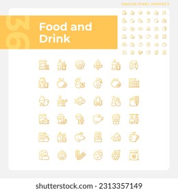 Food and drink pixel perfect gradient linear vector icons set. Grocery store. Supermarket product categories. Thin line contour symbol designs bundle. Isolated outline illustrations collection