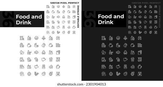 Food and drink pixel perfect linear icons set for dark, light mode. Grocery store. Supermarket product categories. Thin line symbols for night, day theme. Isolated illustrations. Editable stroke