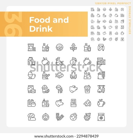 Food and drink pixel perfect linear icons set. Grocery store. Supermarket product categories. Shopping list. Customizable thin line symbols. Isolated vector outline illustrations. Editable stroke