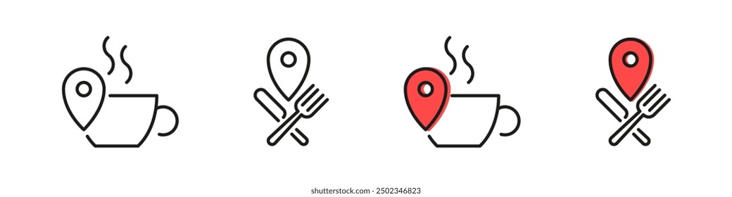 Conjunto de iconos de Vector de lugar de comida y bebida. Iconos de pin del mapa de ubicación de la cafetería.