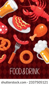 Food and drink poster with snack for beer sausages crayfish lobster and bagel isometric vector illustration. Brewery cafe pub bar advertising restaurant menu announce with pretzel and malt ale drink