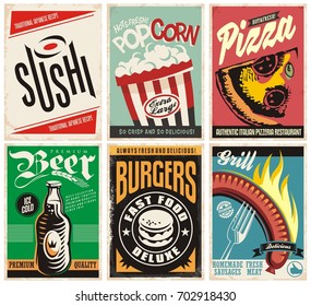 Food and drink posters collection. Pizza, popcorn, burgers, grill, beer and sushi. Retro food banners set.