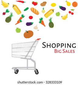 Food and drink products falling in shopping cart, concept for retail. Shopping big sales