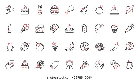 Food and drink red black thin line icons set vector illustration. Meal collection for restaurant and cafe menu, coffee with cake or donut, sushi and noodles, healthy vegetable or pizza and chicken.