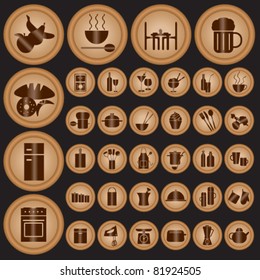 Food and drink related icons on terracotta background Various kitchen utensils, appliances and restaurant related icons.