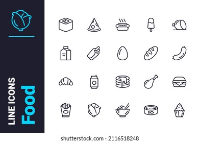 Food and drink related icons set vector illustration. Homemade, fast food and take away line icon. Eating and nutrition concept