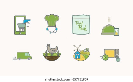 Food and Drink, Restaurants and Organic Products Colorful Flat Design Icons Set. Template Elements for Web and Mobile Applications