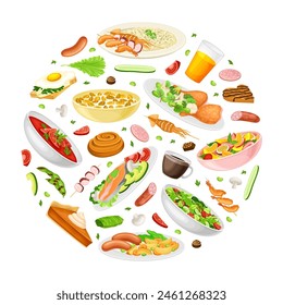 Food and Drink Round Composition Design with Different Served Dish Vector Template
