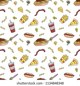 food and drink seamless background in hand drawn doodle style vector illustration