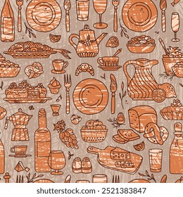 Food and drink seamless pattern for kitchen decoration. Textured cooking background vector illustration.