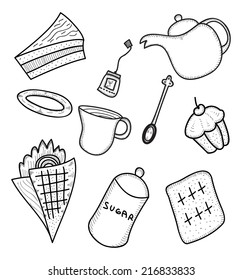 food and drink set in doodle style