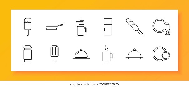 Icono de conjunto de comida y bebida. Helado, sartén, taza humeante, refrigerador, pincho, condimento, paletas, cloche, bebida caliente, platos. Iconos que representan la preparación de alimentos, bebidas y artículos para comer