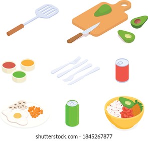 Food and drink set. Isometric vector illustration in flat design.