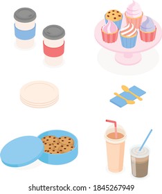 Food and drink set. Isometric vector illustration in flat design.