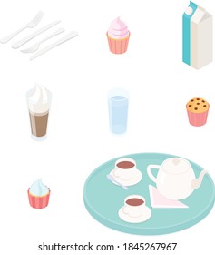 Food and drink set. Isometric vector illustration in flat design.