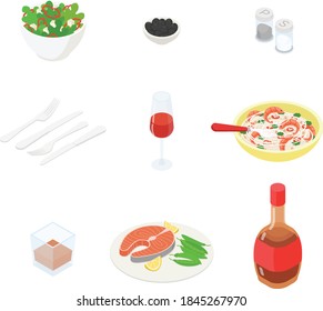 Food and drink set. Isometric vector illustration in flat design.