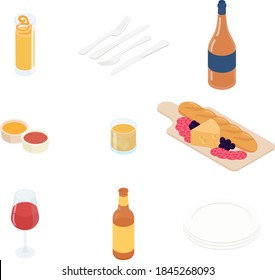 Food and drink set. Isometric vector illustration in flat design.