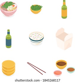 Food and drink set. Isometric vector illustration in flat design.
