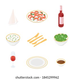 Food and drink set. Isometric vector illustration in flat design.