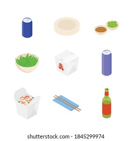 Food and drink set. Isometric vector illustration in flat design.