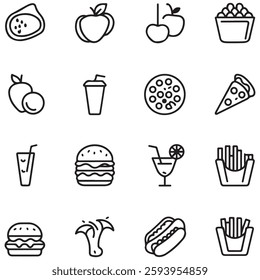 Food and drink set of web icons in line style. Restaurant linear icon collection. Containing meat, fruits, vegetables, desserts, drink, burger, pizza, hot dog, french fries 