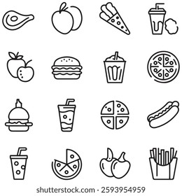 Food and drink set of web icons in line style. Restaurant linear icon collection. Containing meat, fruits, vegetables, desserts, drink, 