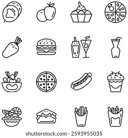 Food and drink set of web icons in line style. Restaurant linear icon collection. Containing meat, fruits, vegetables, desserts, drink, burger, pizza, hot dog, french fries 