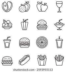Food and drink set of web icons in line style. Restaurant linear icon collection. Containing meat, fruits, vegetables, desserts, drink, burger, pizza, hot dog, french fries 