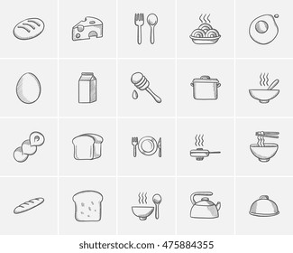 Food and drink sketch icon set for web, mobile and infographics. Hand drawn food and drink icon set. Food and drink vector icon set. Food and drink icon set isolated on white background.