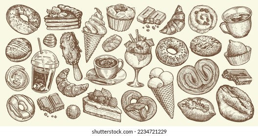 Food and drink sketch set for cafe or restaurant menu. Hand drawn collection sweet desserts. Vintage vector illustration