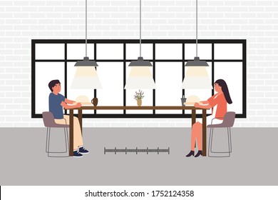 Food and drink and social distancing concept.Couple man and woman sitting in cafe restaurant eating food with table shield to protect infection from coronavirus. New normal Flat Vector Illustration.