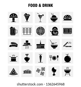 Food And Drink Solid Glyph Icons Set For Infographics, Mobile UX/UI Kit And Print Design. Include: Food, Restaurant, Dinner, Cereal, Food, Wheat, Bbq, Meat, Icon Set - Vector