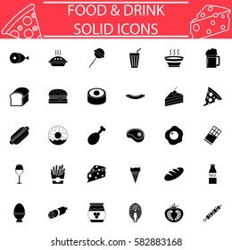 Food and drink solid pictograms package, Sweets symbols collection, fast food vector sketches, logo illustrations, meals filled icon set isolated on white background, eps 10.