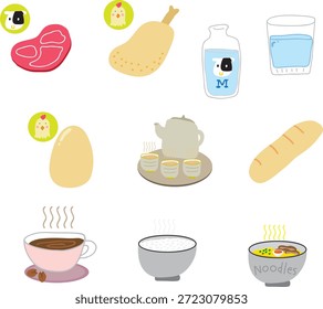 Food and drink source educational illustration set, learning where food comes from for kids.