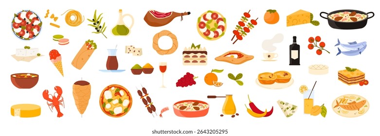 Food and drink of Southern Europe set. Italian olive oil and Prosciutto di Parma, Greek Feta Cheese and Gyros, Souvlaki and Portugal Pastel de Nata, Spanish Paella cartoon vector illustration