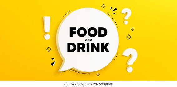 Essen und Trinken. Chatten Sie ein Banner mit Fragen. Küche Angebot. Speisekarte. Sprechblase "Essen und Trinken"-Nachricht. Quiz Chat-Box. Vektorgrafik