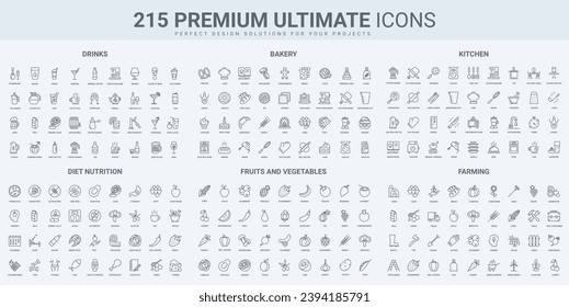 Food and drink tasting, agriculture farm products and cooking in kitchen thin black line icons set vector illustration. Outline symbols of diet nutrient, bakery and chefs recipe, fruits and vegetables