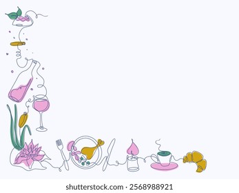 Food and drink theme line art style background. Horizontal still life with attributes of festive dinner. Delicious dishes and drinks, candle, flower. Hand drawn vector illustration.
